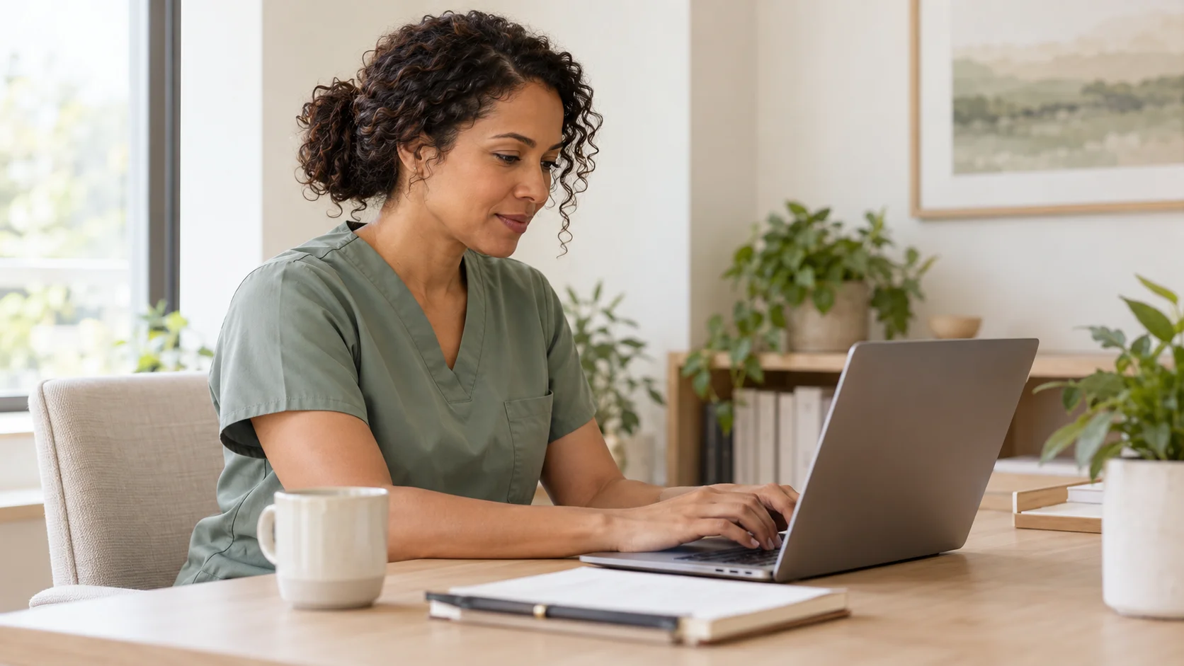 Illustrative scene of a clinician reviewing information on a laptop
