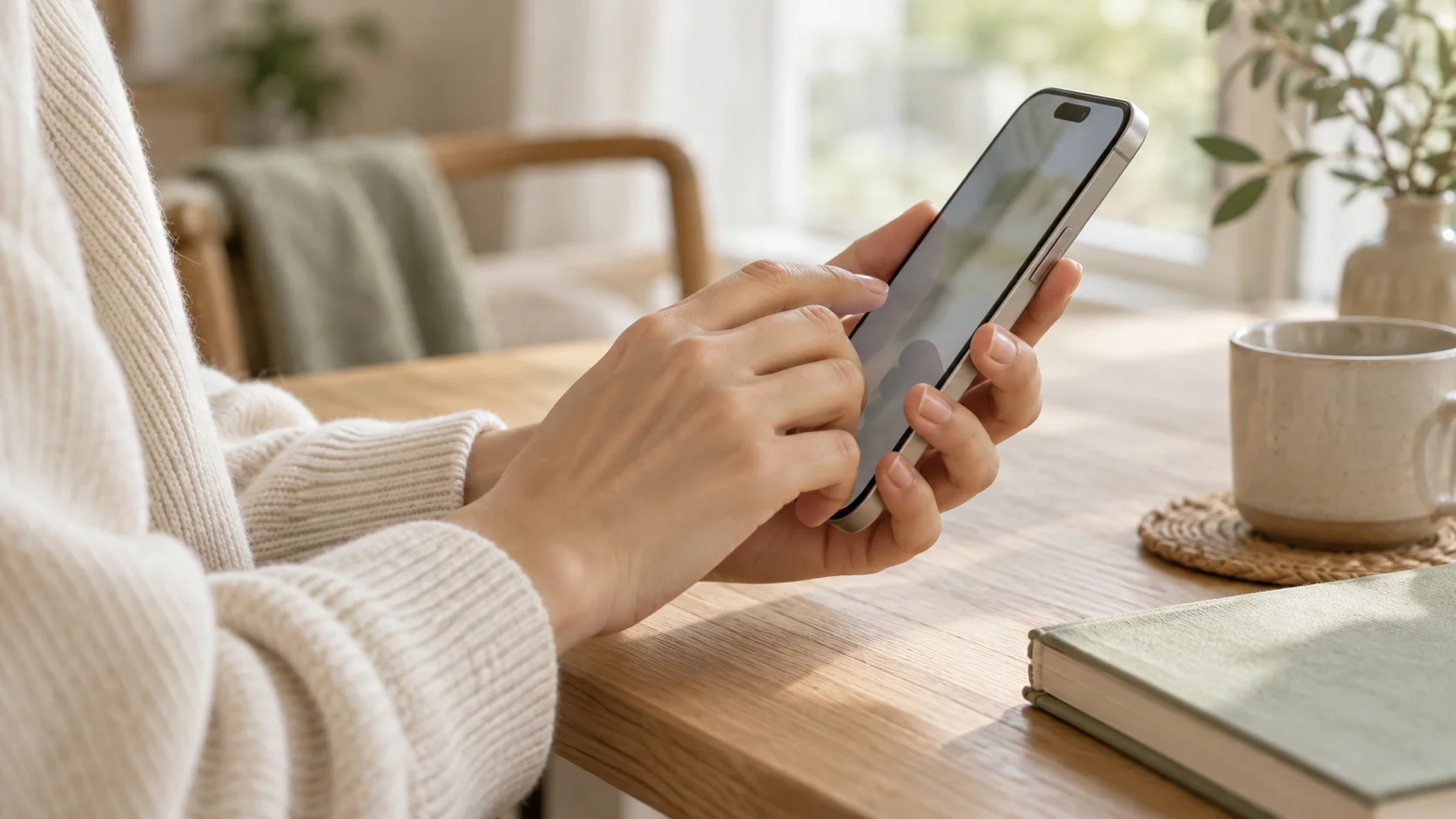 Hands using an iPhone-style phone at home