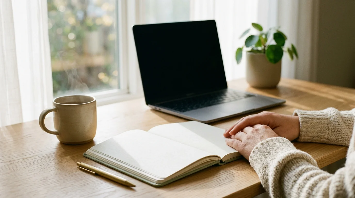 Illustrative at-home coaching check-in scene with an open blank journal, laptop, and mug of herbal tea on a sunlit oak desk