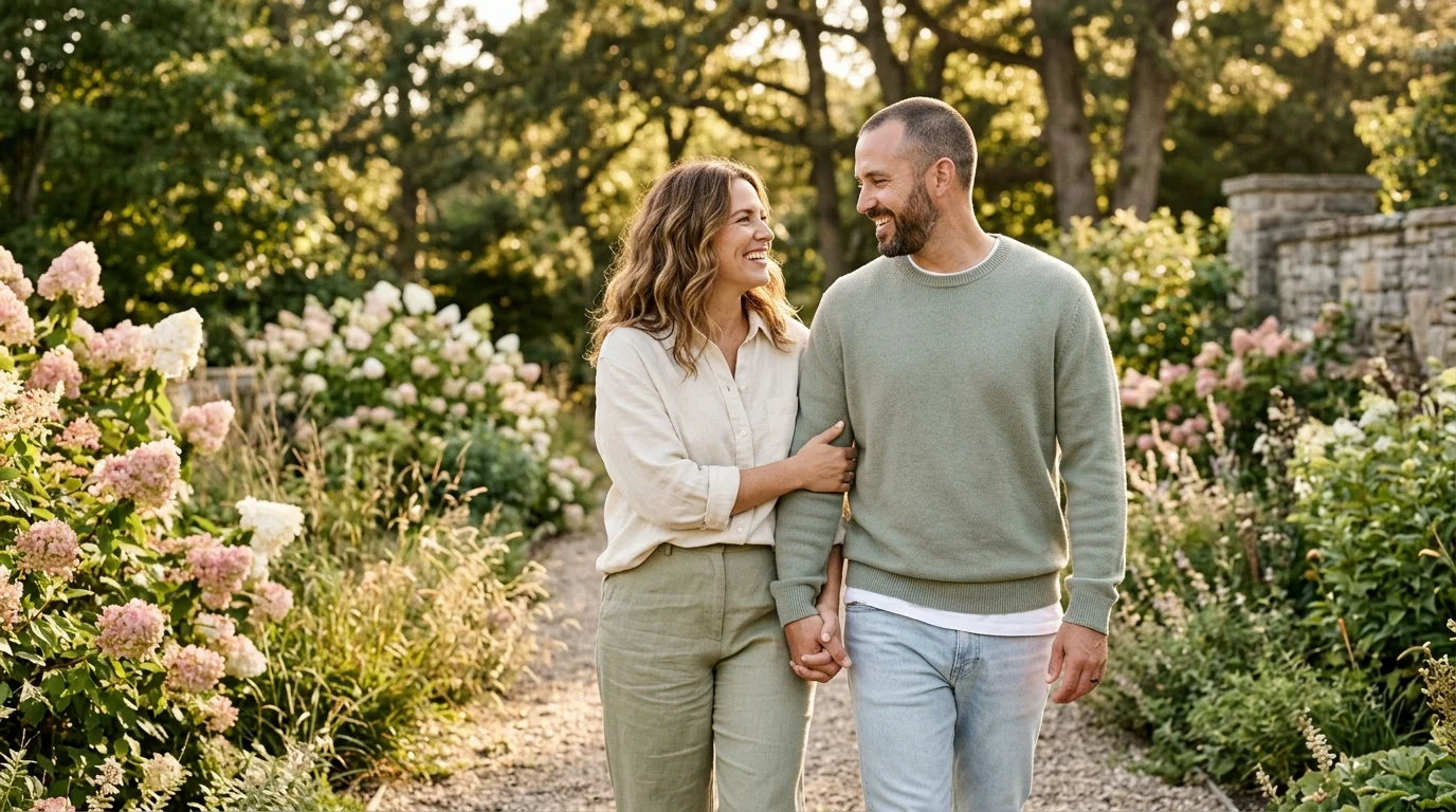 Illustrative photo of an affectionate adult couple in cream and muted sage linen walking hand-in-hand along a warm sunlit garden path
