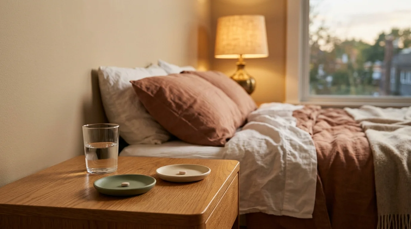 Illustrative warm evening nightstand with two minimalist ceramic dishes holding unmarked tablets beside a glass of water