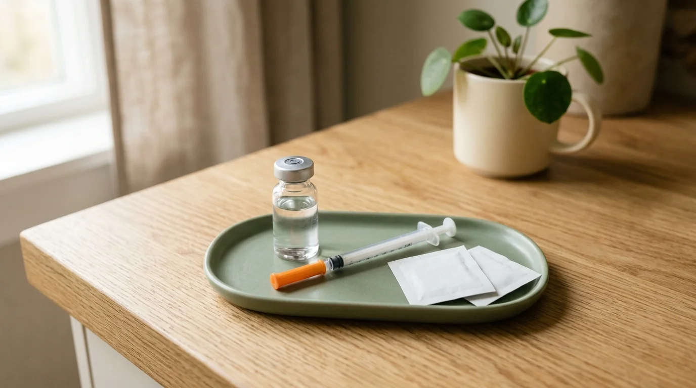 Illustrative flat-lay of a clear glass medication vial, capped syringe, and sterile alcohol prep pads on a sage tray