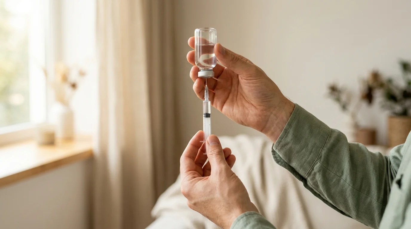Illustrative close-up of hands holding an inverted glass vial at eye level while drawing clear medication into a syringe