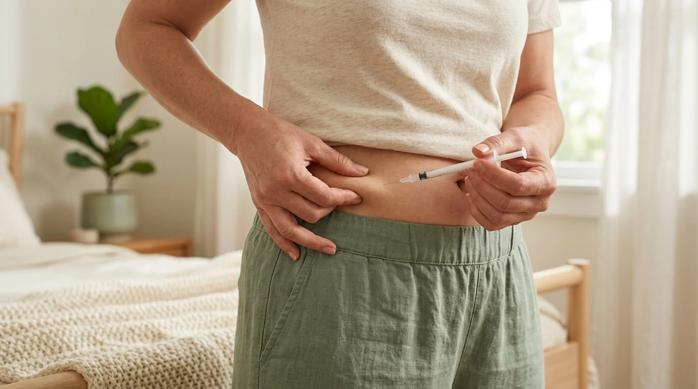 Illustrative photo of an adult gently pinching a soft fold of skin on the lower abdomen while holding a slim syringe at a 90-degree angle