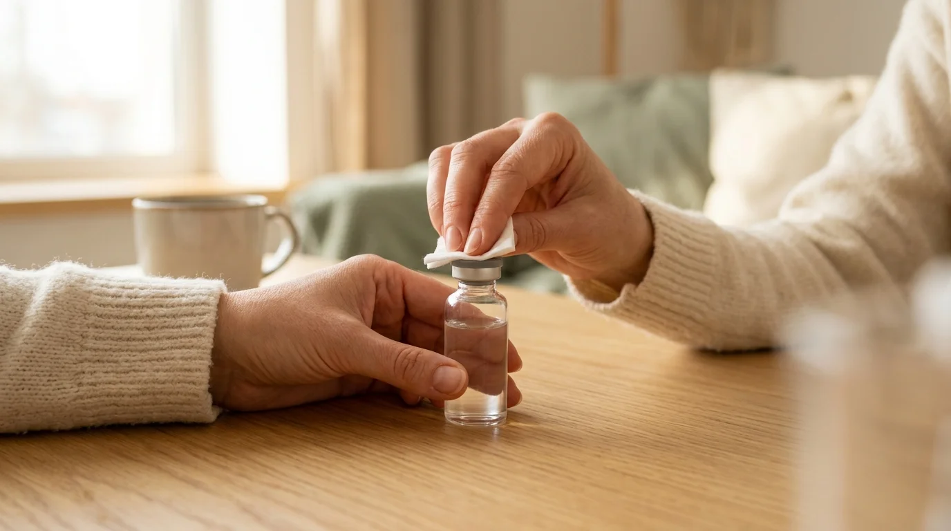 Illustrative close-up of hands wiping the rubber stopper of a clear glass vial with a sterile alcohol swab