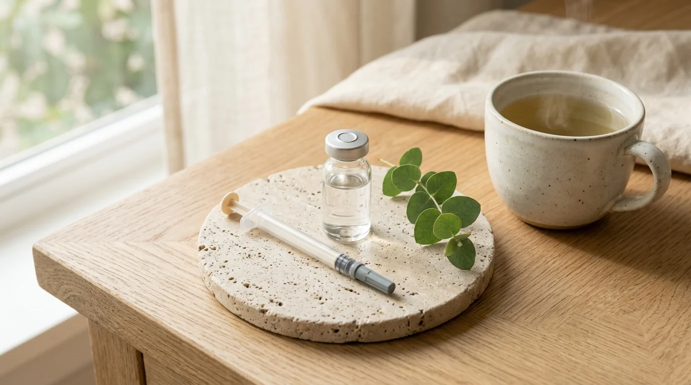 Illustrative close-up of a single unmarked clear glass vial and capped syringe on a travertine coaster beside herbal tea and eucalyptus