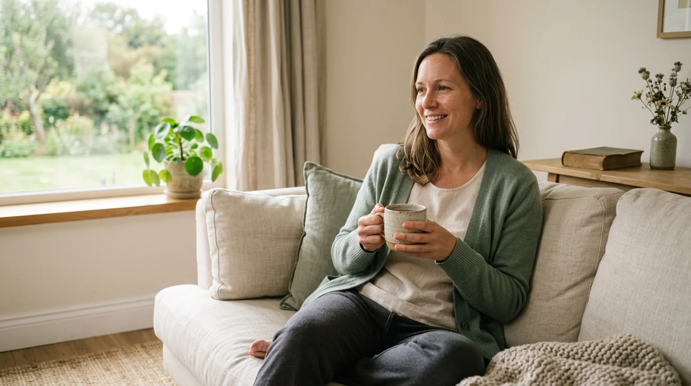 Illustrative photo of a relaxed woman in a sage knit cardigan holding a warm ceramic mug on a cream sofa by a sunlit window