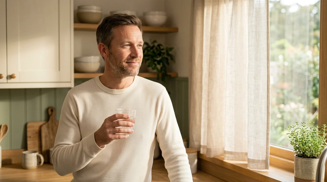 Illustrative photo of a man standing by a sunlit kitchen window holding a small glass of plain water in the morning