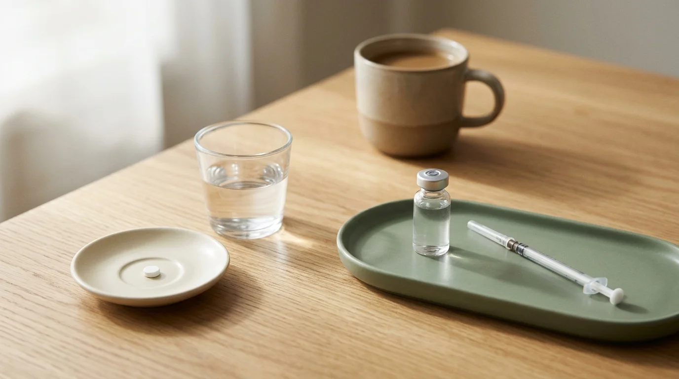 Illustrative breakfast table comparison showing an unmarked daily tablet with water next to an unmarked weekly vial, syringe, and morning coffee