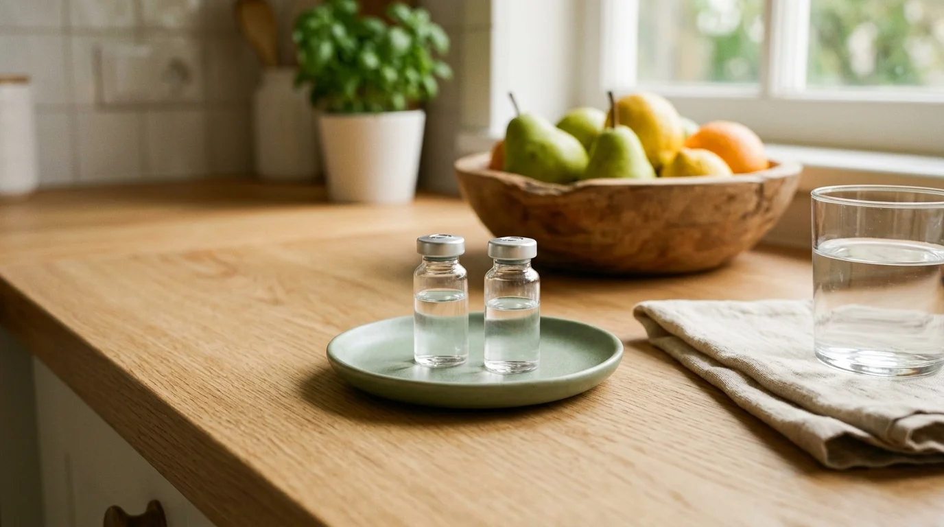 Illustrative morning countertop scene with two unmarked clear glass medication vials on a sage ceramic saucer beside fresh pears and water