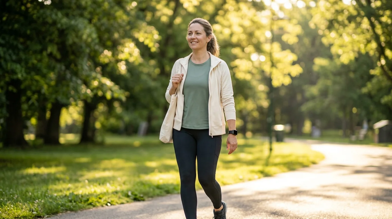 Illustrative photo of a woman in sage and cream activewear walking briskly along a sunlit park path