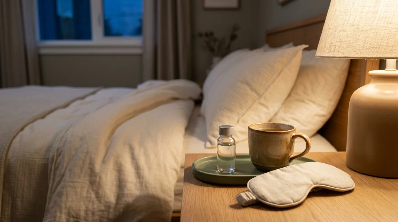Illustrative bedtime nightstand scene with an unmarked clear glass vial on a sage tray beside chamomile tea and a linen sleep mask