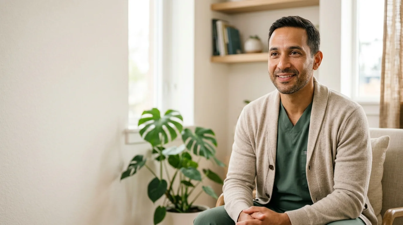Illustrative portrait of a licensed clinician in a sunlit consultation room