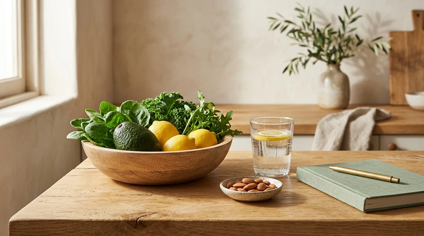 Illustrative sunlit kitchen counter with fresh greens, avocado, lemons, water, almonds, and a muted-sage wellness journal
