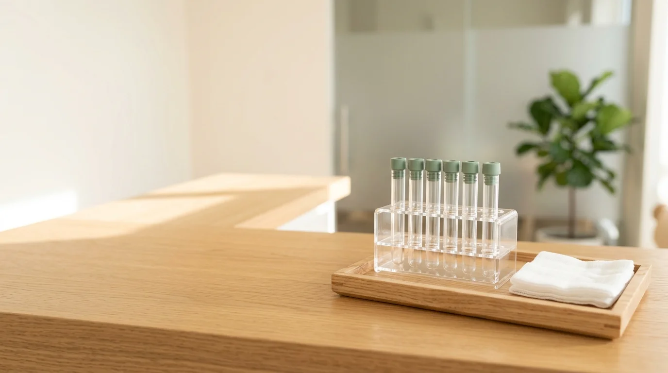 Illustrative sunlit modern lab check-in counter with a wooden tray holding sealed, unlabelled clear glass collection tubes with muted sage caps