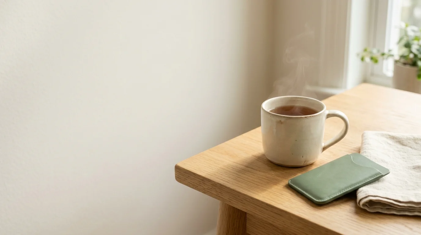 Warm ceramic mug and plain card sleeve on a sunlit oak table