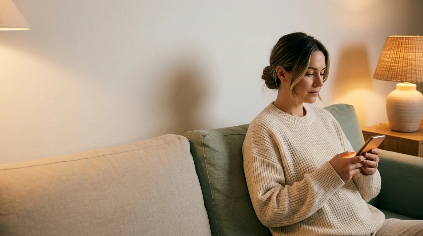Illustrative evening scene of a person using a phone on a sofa by warm lamplight